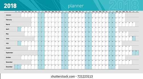 Yearly wall planner for the 2018 year. Template. Vector illustration .eps10