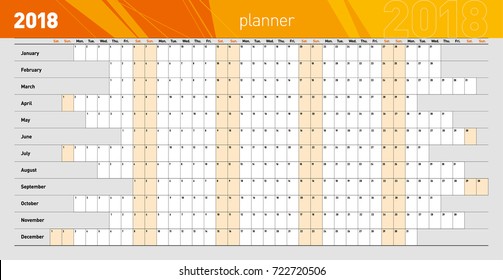 Planejador de parede anual para o ano 2018. Modelo. Ilustração vetorial .eps10