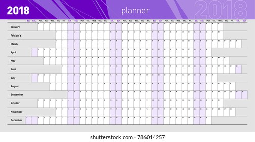 Yearly wall planner for the 2018 year. Template. Vector illustration .eps10