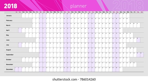 Yearly wall planner for the 2018 year. Template. Vector illustration .eps10