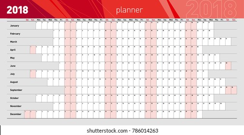 Yearly wall planner for the 2018 year. Template. Vector illustration .eps10