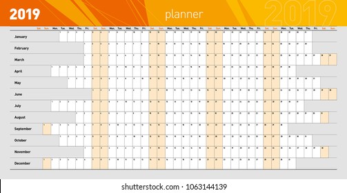 Yearly Wall Planner For The 2019 Year. Template. Vector Illustration .eps10