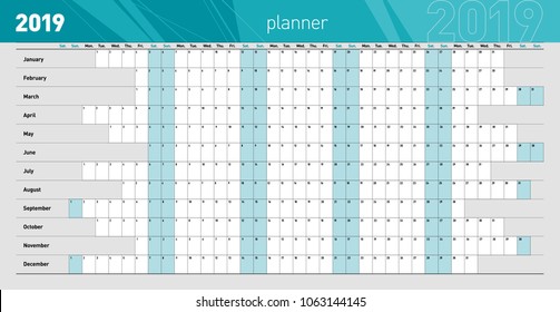 Yearly wall planner for the 2019 year. Template. Vector illustration .eps10