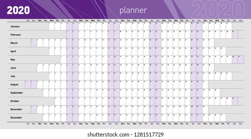 Yearly Wall Planner For The 2020 Year. Template. Vector Illustration .eps10 - Vector 