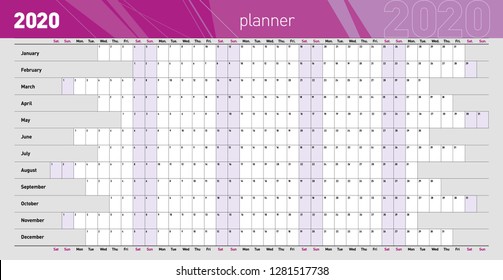 Yearly Wall Planner For The 2020 Year. Template. Vector Illustration .eps10 - Vector 