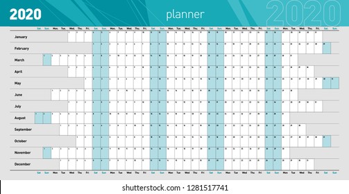 Yearly Wall Planner For The 2020 Year. Template. Vector Illustration .eps10 - Vector 