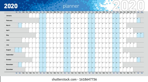 Yearly wall planner for the 2020 year in blue colors. Template. Vector illustration .eps10