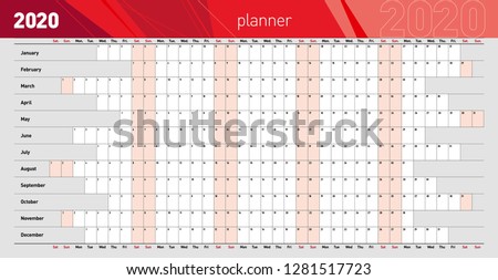 Yearly wall planner for the 2020 year. Template. Vector illustration .eps10 - Vector 
