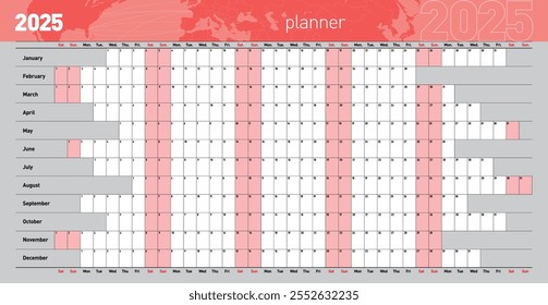 Yearly wall planner for the 2025 year. Template. Vector illustration .eps10