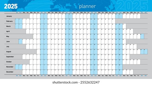 Jahresplaner für das Jahr 2025. Vorlage. Vektorgrafik .eps10