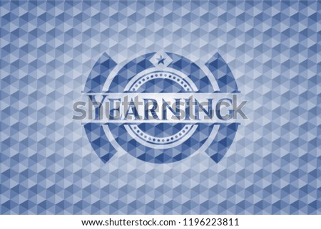 Yearning blue emblem with geometric pattern background.