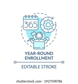 Year-round Enrollment Concept Icon. Online Language Courses Benefit Idea Thin Line Illustration. Student And Teacher Burnout Prevention. Vector Isolated Outline RGB Color Drawing. Editable Stroke