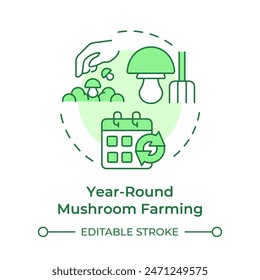 Year-round mushroom farming soft green concept icon. Mushroom cultivation benefit. Short growth cycle. Round shape line illustration. Abstract idea. Graphic design. Easy to use in article