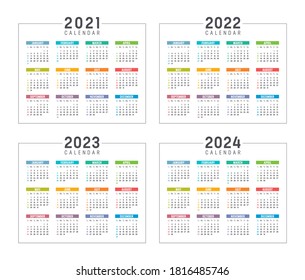 Years 2021 2022 2023 2024 colorful calendars set, isolated on white, weeks start Sunday. Vector templates.