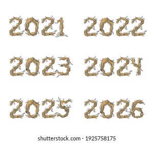 Years 2021-2026 set. Numbers from a decorative font in the form of tree roots