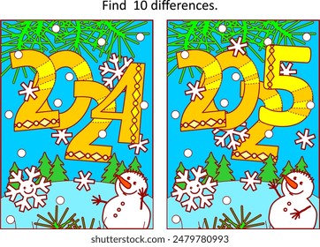 Years 2024 and 2025 difference game and coloring page with rasing year 2025 heading, cute little snowman, cheerful snowflake and outdoor winter scene
