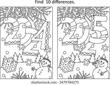 Years 2024 and 2025 difference game and coloring page with rasing year 2025 heading, cute little snowman, cheerful snowflake and outdoor winter scene
