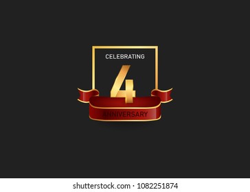 years golden anniversary design logotype gold square and red ribbon for celebration event, isolated on black background