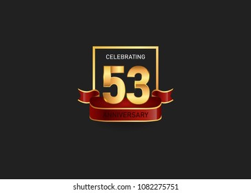  years golden anniversary design logotype gold square and red ribbon for celebration event, isolated on black background