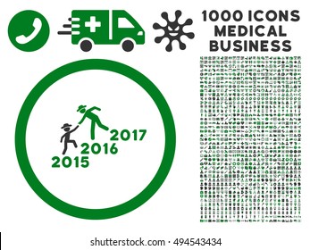 Years Guys Help icon with 1000 medical business green and gray vector pictograms. Collection style is flat bicolor symbols, white background.