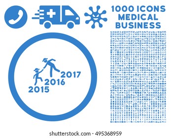 Years Guys Help icon with 1000 medical business cobalt vector pictograms. Clipart style is flat symbols, white background.
