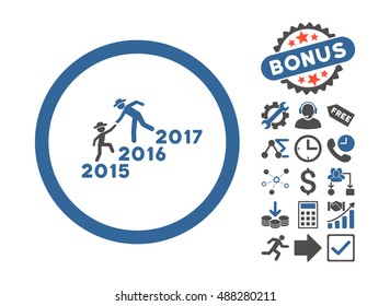 Years Guys Help icon with bonus clip art. Vector illustration style is flat iconic bicolor symbols, cobalt and gray colors, white background.