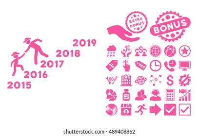 Years Guys Help icon with bonus icon set. Vector illustration style is flat iconic symbols, pink color, white background.