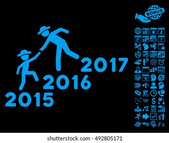 Years Guys Help pictograph with bonus calendar and time management pictograph collection. Vector illustration style is flat iconic symbols, blue color, black background.