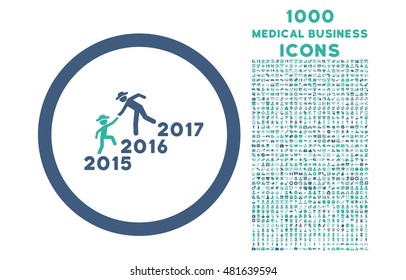 Years Guys Help rounded vector bicolor icon with 1000 medical business icons. Set style is flat pictograms, cobalt and cyan colors, white background.