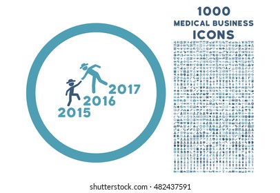 Years Guys Help rounded vector bicolor icon with 1000 medical business icons. Set style is flat pictograms, cyan and blue colors, white background.