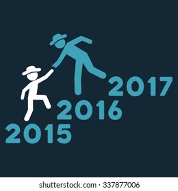 Years Guys Help vector icon. Style is bicolor flat symbol, blue and white colors, rounded angles, dark blue background.