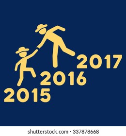 Years Guys Help vector icon. Style is flat symbol, yellow color, rounded angles, blue background.