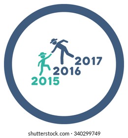 Years Guys Help vector icon. Style is bicolor flat circled symbol, cobalt and cyan colors, rounded angles, white background.