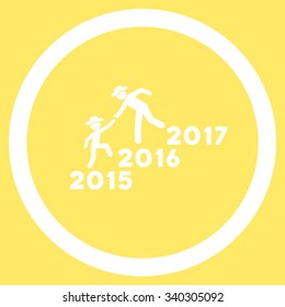 Years Guys Help vector icon. Style is flat circled symbol, white color, rounded angles, yellow background.