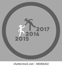 Years Guys Help vector icon. Style is bicolor flat circled symbol, dark gray and white colors, rounded angles, silver background.