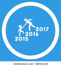 Years Guys Help vector icon. Style is flat circled symbol, white color, rounded angles, blue background.