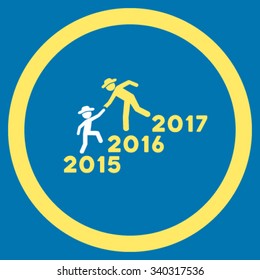 Years Guys Help vector icon. Style is bicolor flat circled symbol, yellow and white colors, rounded angles, blue background.