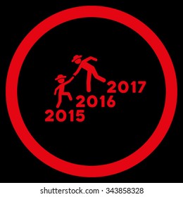Years Guys Help vector icon. Style is flat circled symbol, red color, rounded angles, black background.