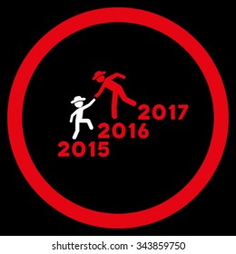 Years Guys Help vector icon. Style is bicolor flat circled symbol, red and white colors, rounded angles, black background.