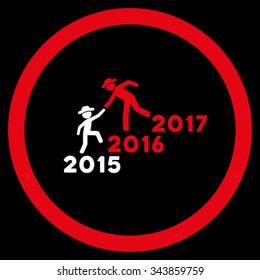 Years Guys Help vector icon. Style is bicolor flat circled symbol, red and white colors, rounded angles, black background.
