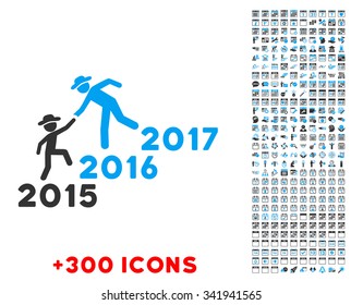 Years Guys Help vector pictogram with additional 300 date and time management icons. Style is bicolor flat symbols, blue and gray colors, rounded angles, white background.