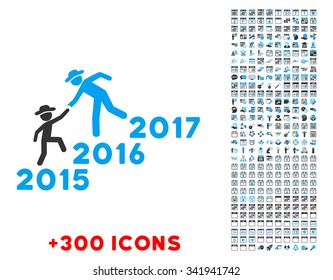 Years Guys Help vector pictogram with additional 300 date and time management icons. Style is bicolor flat symbols, blue and gray colors, rounded angles, white background.