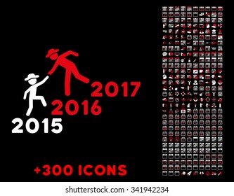 Years Guys Help vector pictogram with additional 300 date and time management icons. Style is bicolor flat symbols, red and white colors, rounded angles, black background.