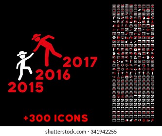 Years Guys Help vector pictogram with additional 300 date and time management icons. Style is bicolor flat symbols, red and white colors, rounded angles, black background.