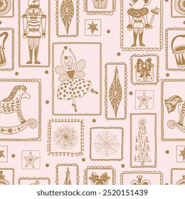 Year's Merry Christmas and New Year seamless pattern with Ballerina and Nutcracker. Can be used for wallpaper, pattern fills, web page background, surface textures.