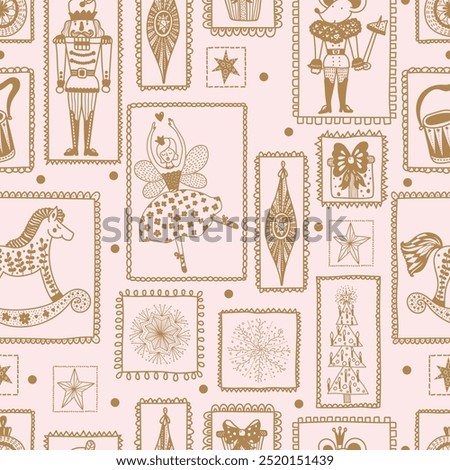 Year's Merry Christmas and New Year seamless pattern with Ballerina and Nutcracker. Can be used for wallpaper, pattern fills, web page background, surface textures.