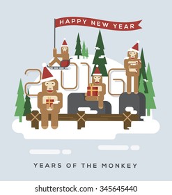 Years of the monkey. Monkeys are celebrating a Christmas and Happy New Year 2016 and hold their gift box on snow mountain. Flat design for greeting cards, invitation, calendar, banner. 