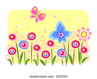 Years multi-colored flowers and the butterfly on a yellow background.