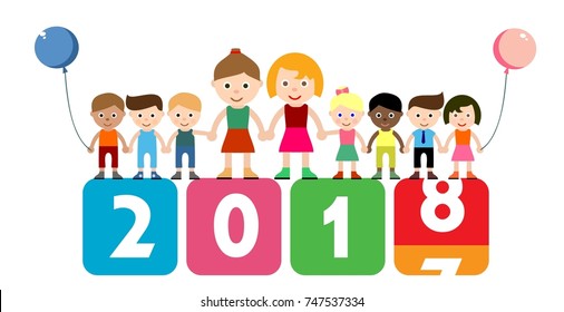 years replace icon with kids, kindergarten logo, happiness child sign, hold hands
