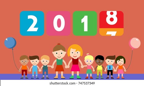 years replace icon with kids, kindergarten logo, happiness child sign, hold hands